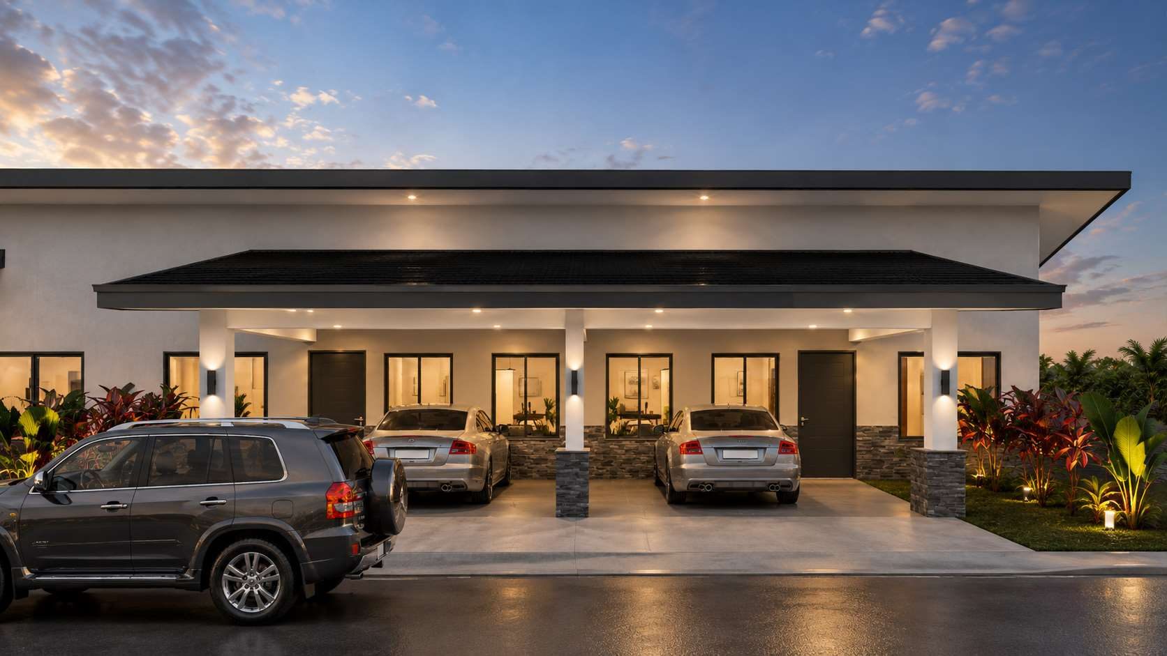 Vista frontal de los apartamentos con los carros en la cochera