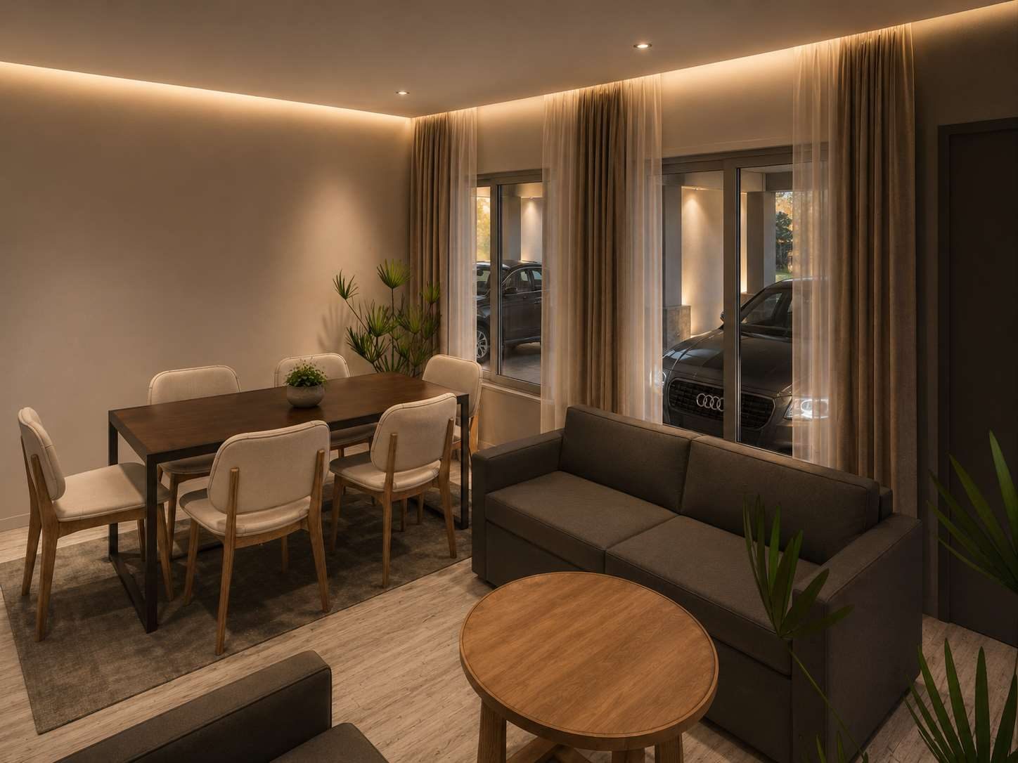 Sala y comedor con ventanales y cortinas de piso a techo