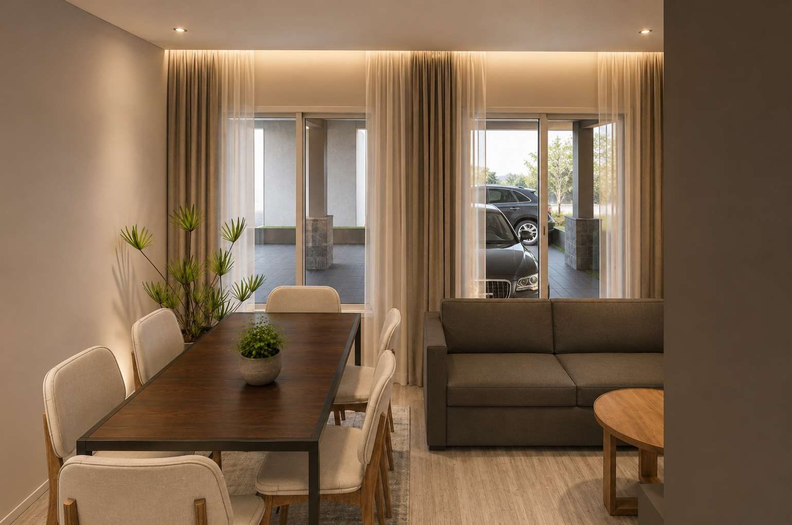 Comedor de madera junto a la sala